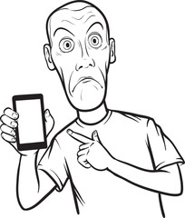 line drawing of a shocked young man showing a mobile app on a sm
