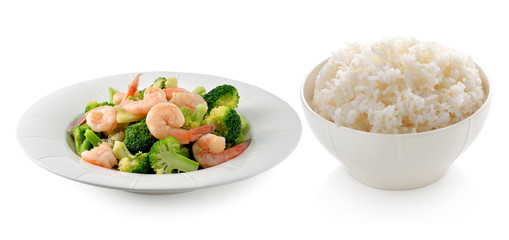 rice with thai healthy food stir-fried broccoli with shrimp