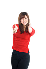 Two hands thumbs up woman in red