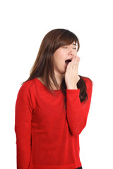 Yawning Girl in red with tired gesture