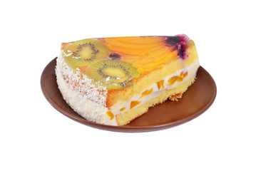 Slice of fruit cake on plate, isolated on white background