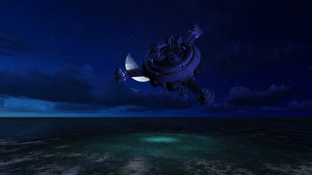 UFO is flying over the ocean
