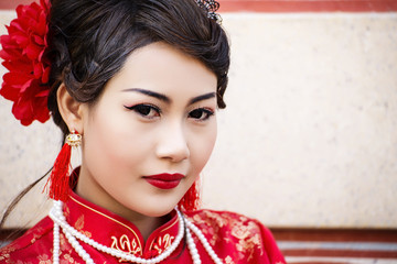Chinese woman red dress traditional cheongsam