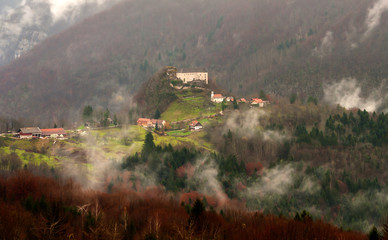 Foggy Kostel castle, Slovenia, central Europe