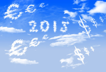 Cloud 2015, Euro and $ currency symbol shape over blue sky