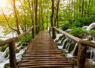 Pathway and stream with crystal clear water in Plitvice