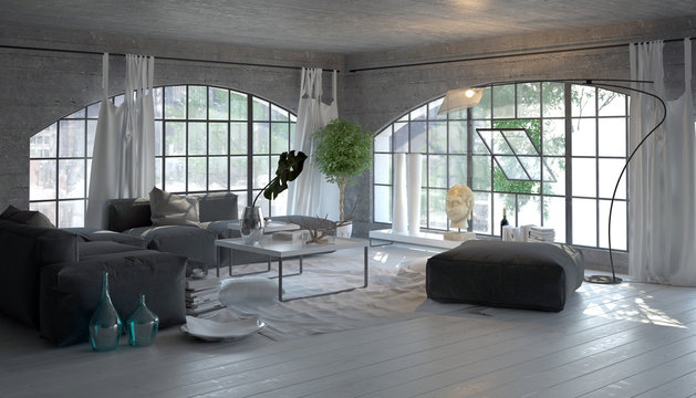Modern living room interior with arched windows