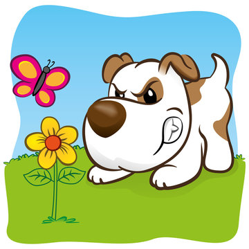 mascot dog barking angry for a butterfly on flower