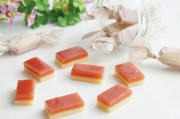 Caramel candy with strawberry flavor