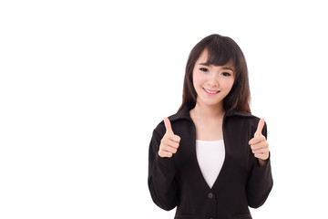 beautiful businesswoman giving, showing two thumbs up