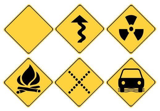 Yellow and black caution road signs