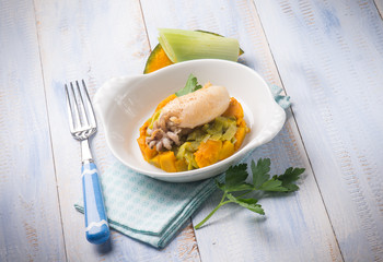 sepia with steamed pumpkins and leek salad