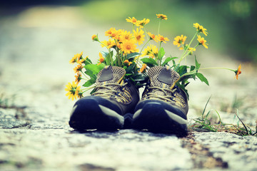 hiking boots and yellow flowers