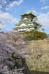 Osaka Castle in Japan during cherry blossom season in spring.