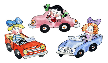 Poupées conduisant des voitures jouets illustration