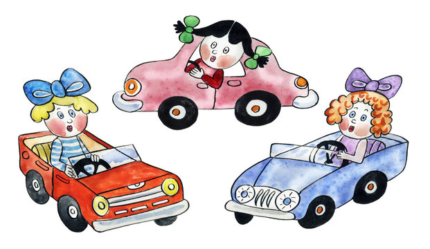 Dolls driving toy cars illustration