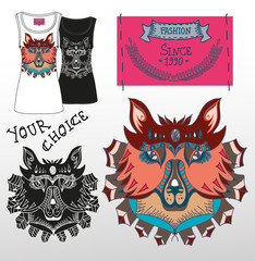 vector women t-shirt design with fox print