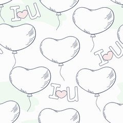 Doodle seamless pattern with heart balloons and letters