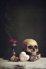 Vanitas with Skull, Book, Candle and Heart