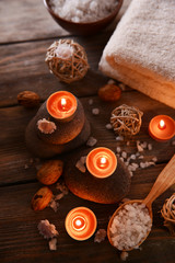 Composition of spa treatment on wooden background