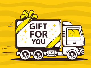 Vector illustration of truck free and fast delivering gift to cu