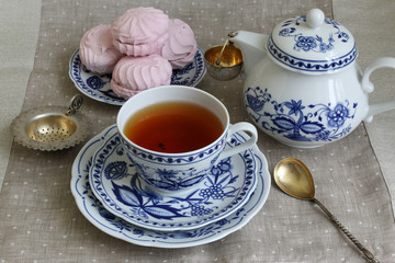 Tea break with white-blue porcelain.