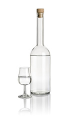 Spirituosenflasche und Schwenker gefüllt mit klarer Flüssigkeit