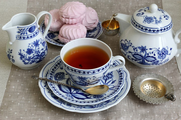 Tea break with white-blue porcelain.