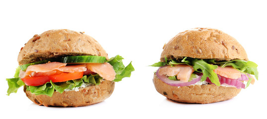Sandwiches with salmon isolated on white