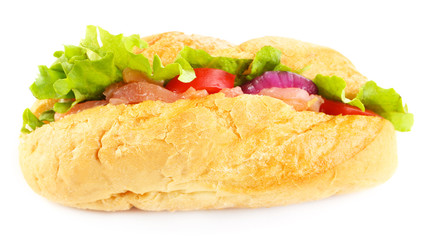 Sandwich with salmon isolated on white