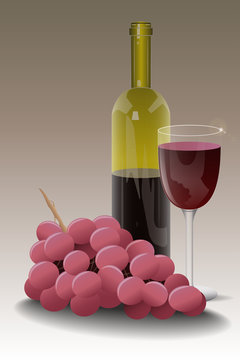 Wine Bottle with Glass and Bunch of Grapes