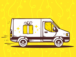 Fototapeta premium Vector illustration of van free and fast delivering gift box to