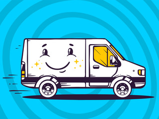 Vector illustration of van with smile free and fast delivery to