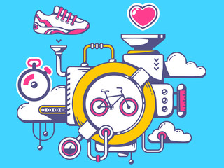 Vector illustration of mechanism with bike and sport icons on bl