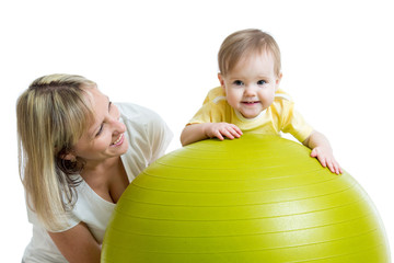 Fototapeta na wymiar kid and mother with fitness ball