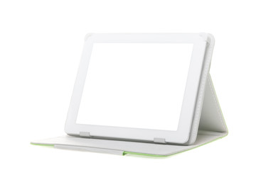 Tablet computer with stand on a white background.