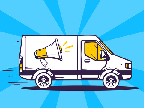 Vector illustration of van free and fast delivering megaphone to