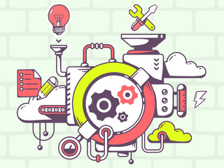 Vector illustration of mechanism to work gears and relevant icon