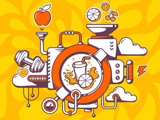 Vector illustration of mechanism with fresh fruit juice and rele