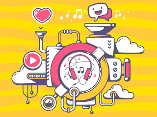 Naklejka premium Vector illustration of mechanism with music headphones and relev