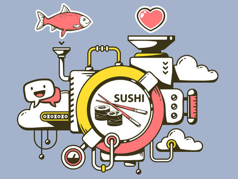 Vector illustration of mechanism to make sushi and relevant icon