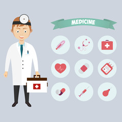 Smiling happy male doctor with glasses surrounded by medical