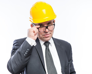 construction worker in a helmet and goggles