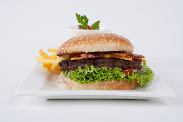Fresh Hamburger with french fries and salad