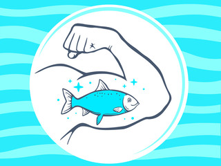 Vector illustration of strong man hand with  icon of fish on blu