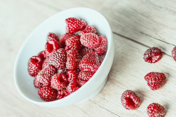 Retro Photo Of Raspberry Bowl Full Of Fresh Red Raspberries