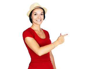 Woman in red pointing