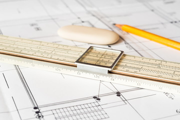 Tools for sketching and scheme on the table. Angle view