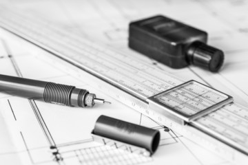 Workplace of engineer, tools for sketching and a drawings. Angle