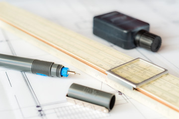 Workplace of engineer, tools for sketching and a drawings. Angle